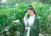陈瑶荷塘古风写真英气十足（身穿白绿配色的汉服化身侠女美艳动人）
